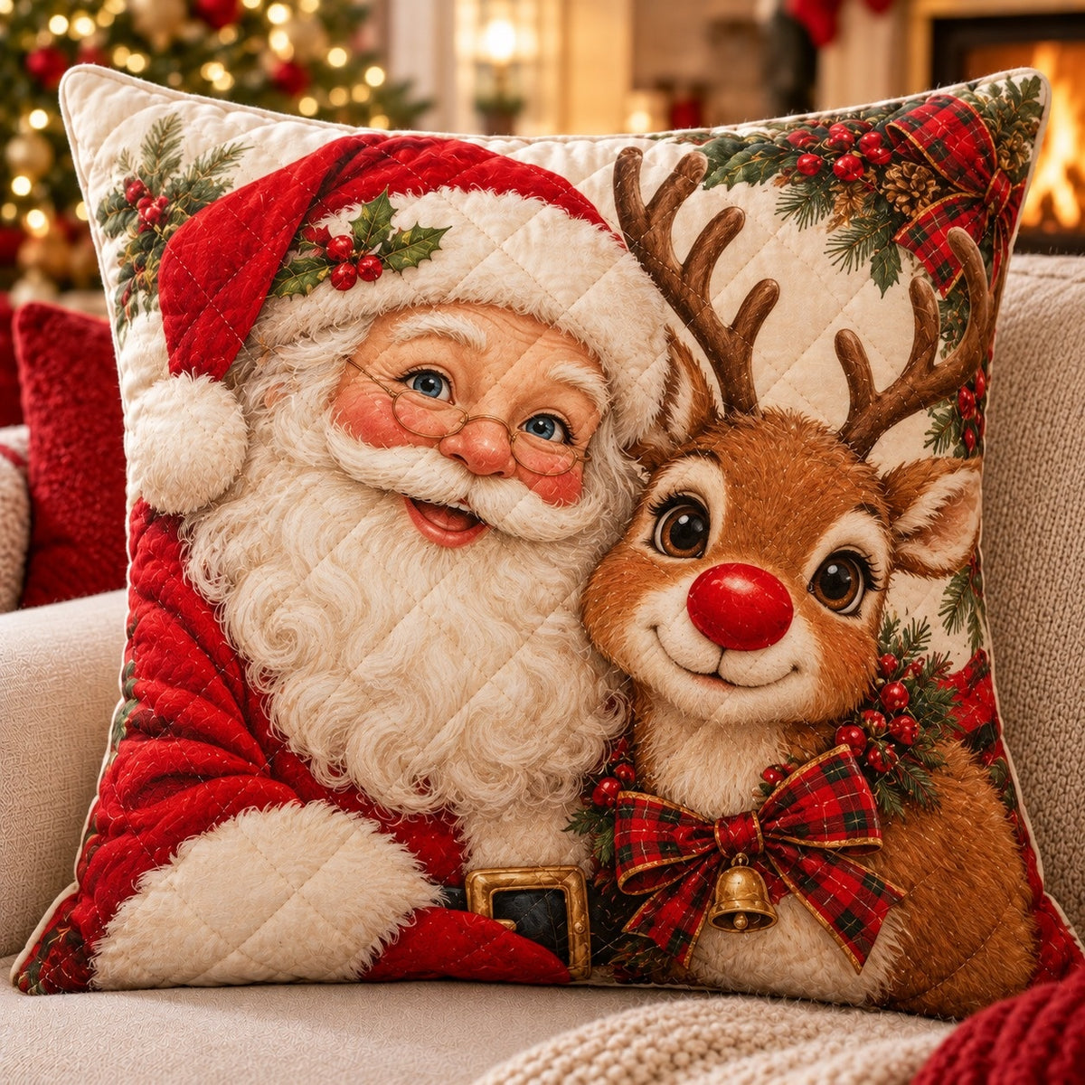 Santa and Reindeer Quilted Throw Pillow, AI-generated front mockup