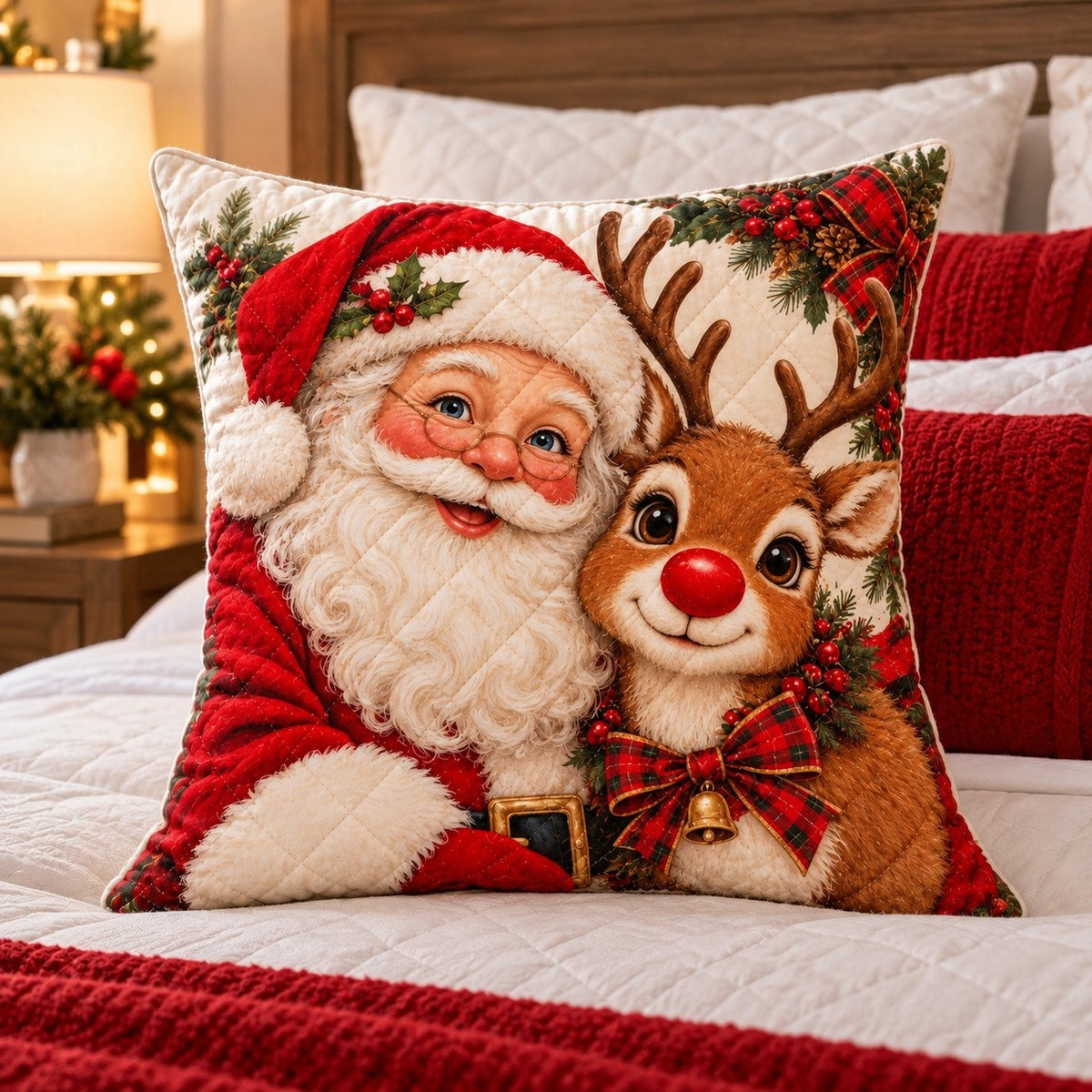 Santa and Reindeer Quilted Throw Pillow, AI-generated styled room mockup