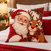Santa and Reindeer Quilted Throw Pillow, AI-generated styled room mockup