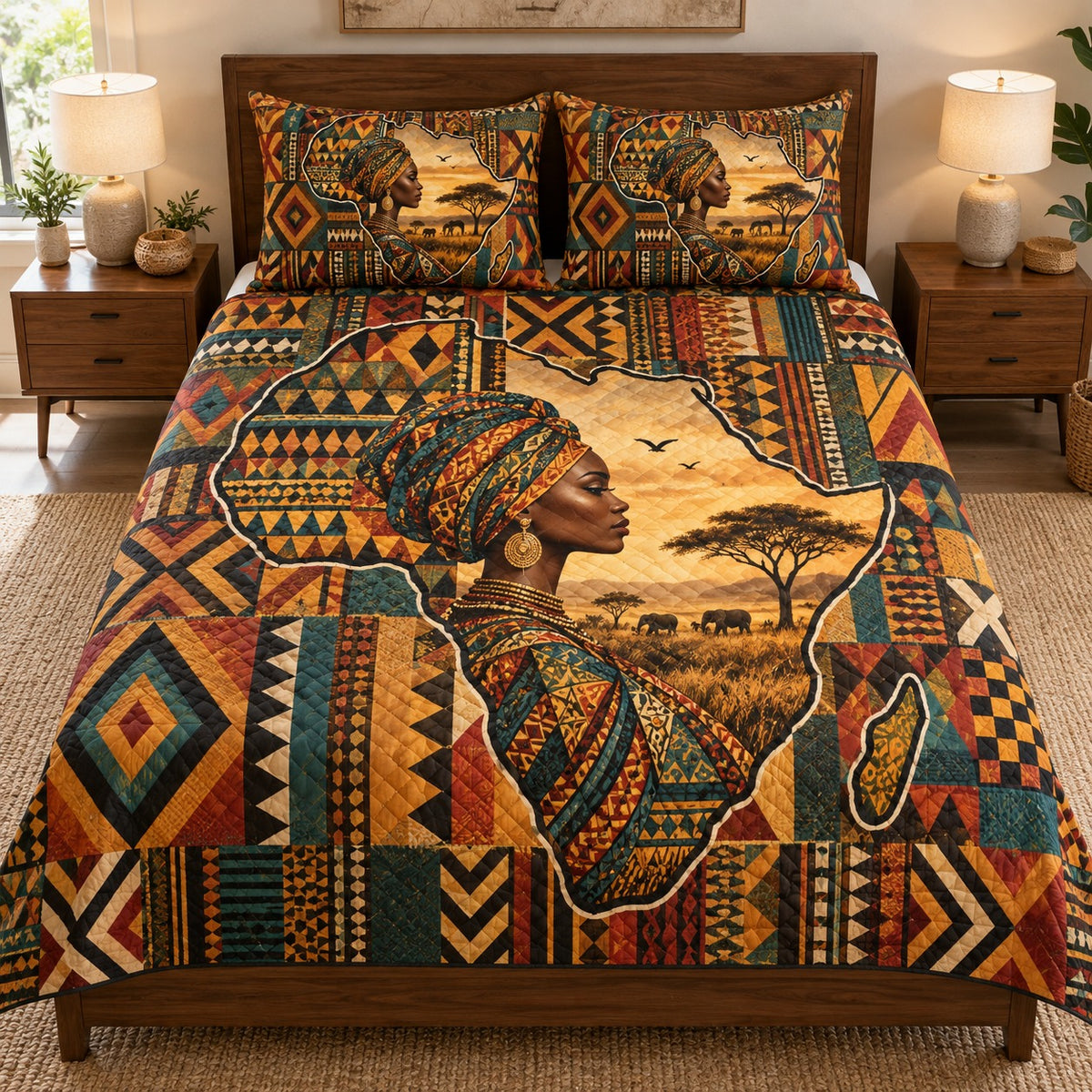 African woman savanna quilt set – front view