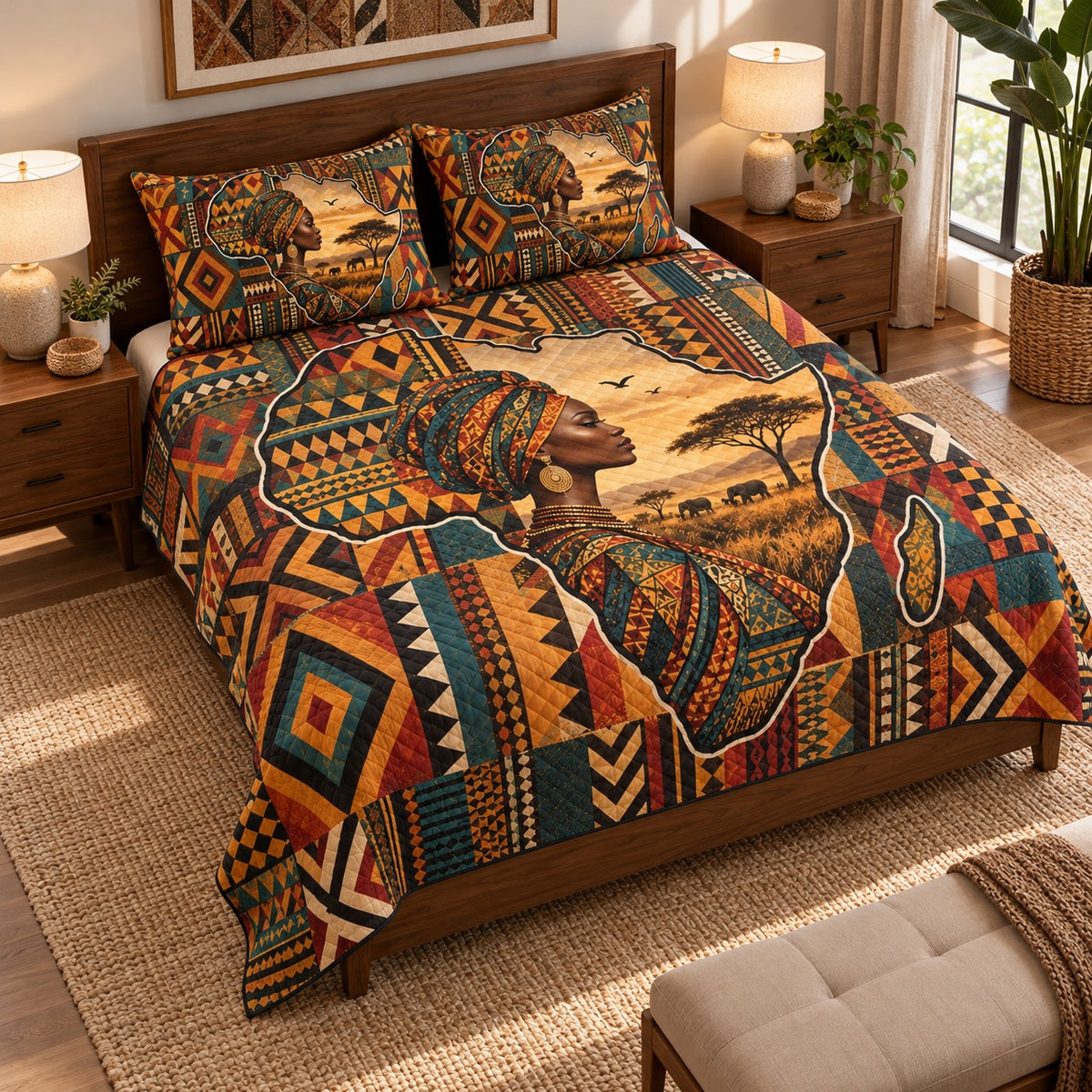 African woman savanna quilt set – left angle