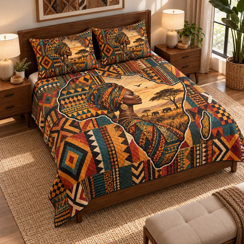 African woman savanna quilt set – left angle