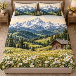 Alpine Daisy Meadow Quilt Set – Mountain Cabin Bedding Gift for Nature Lovers