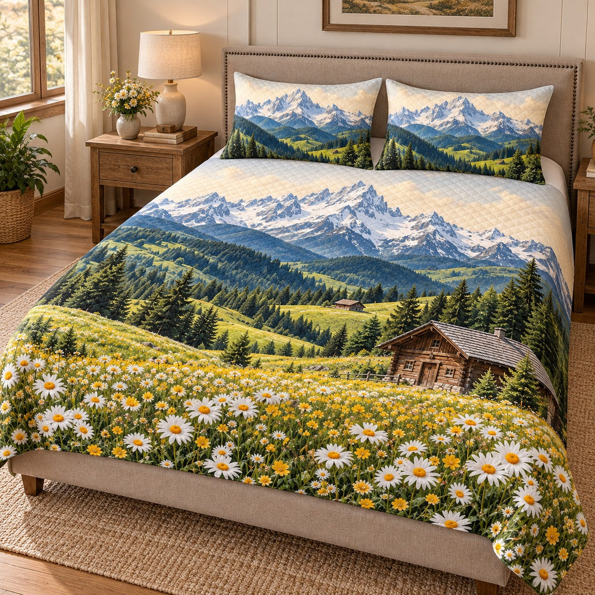 Angled view of alpine daisy meadow quilt set with matching shams and side drape