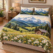 Angled view of alpine daisy meadow quilt set with matching shams and side drape