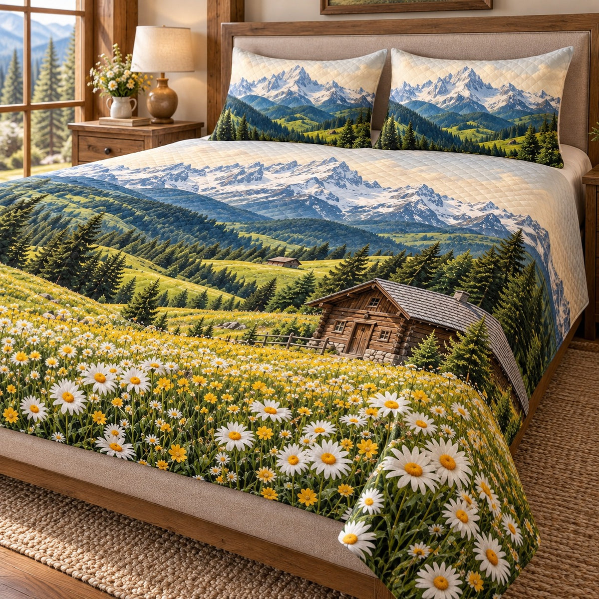 Opposite angled view of alpine daisy meadow quilt set with snowy mountain scene