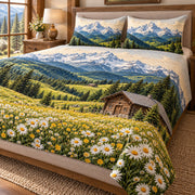 Opposite angled view of alpine daisy meadow quilt set with snowy mountain scene