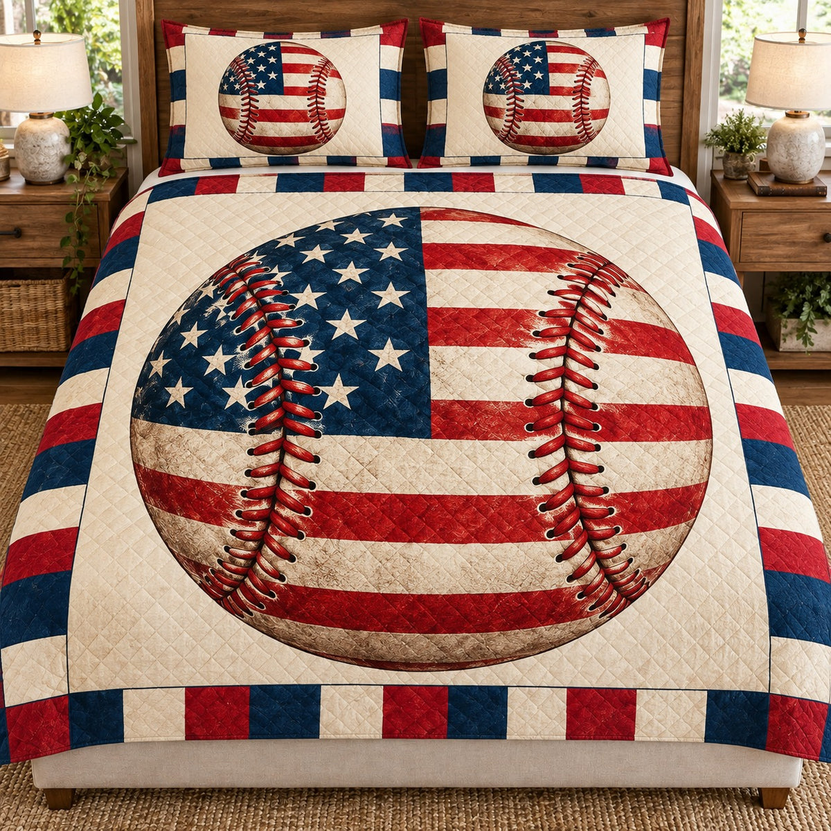 American flag baseball quilt set – front view