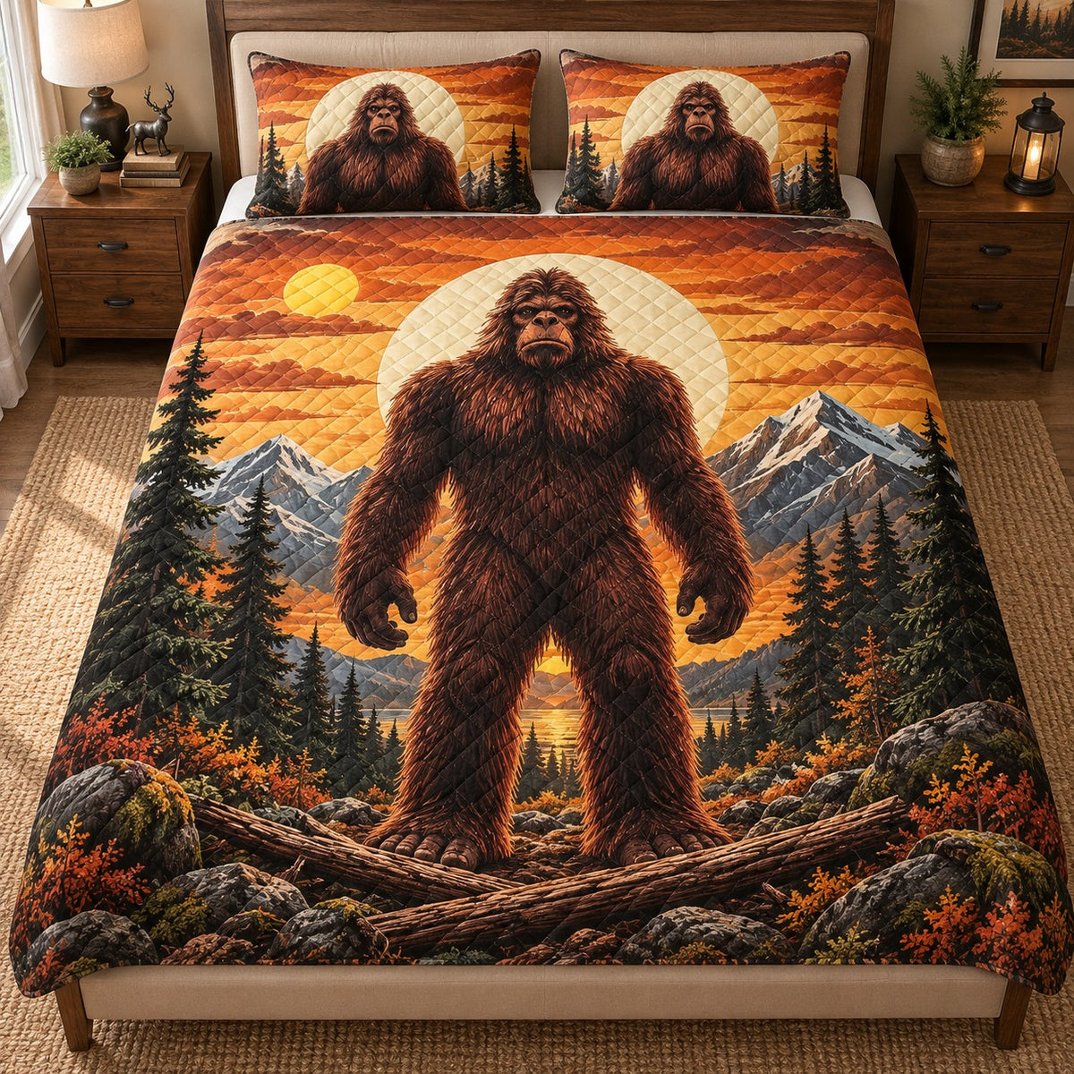Front view of autumn Bigfoot mountain quilt set with orange sky and diamond stitching