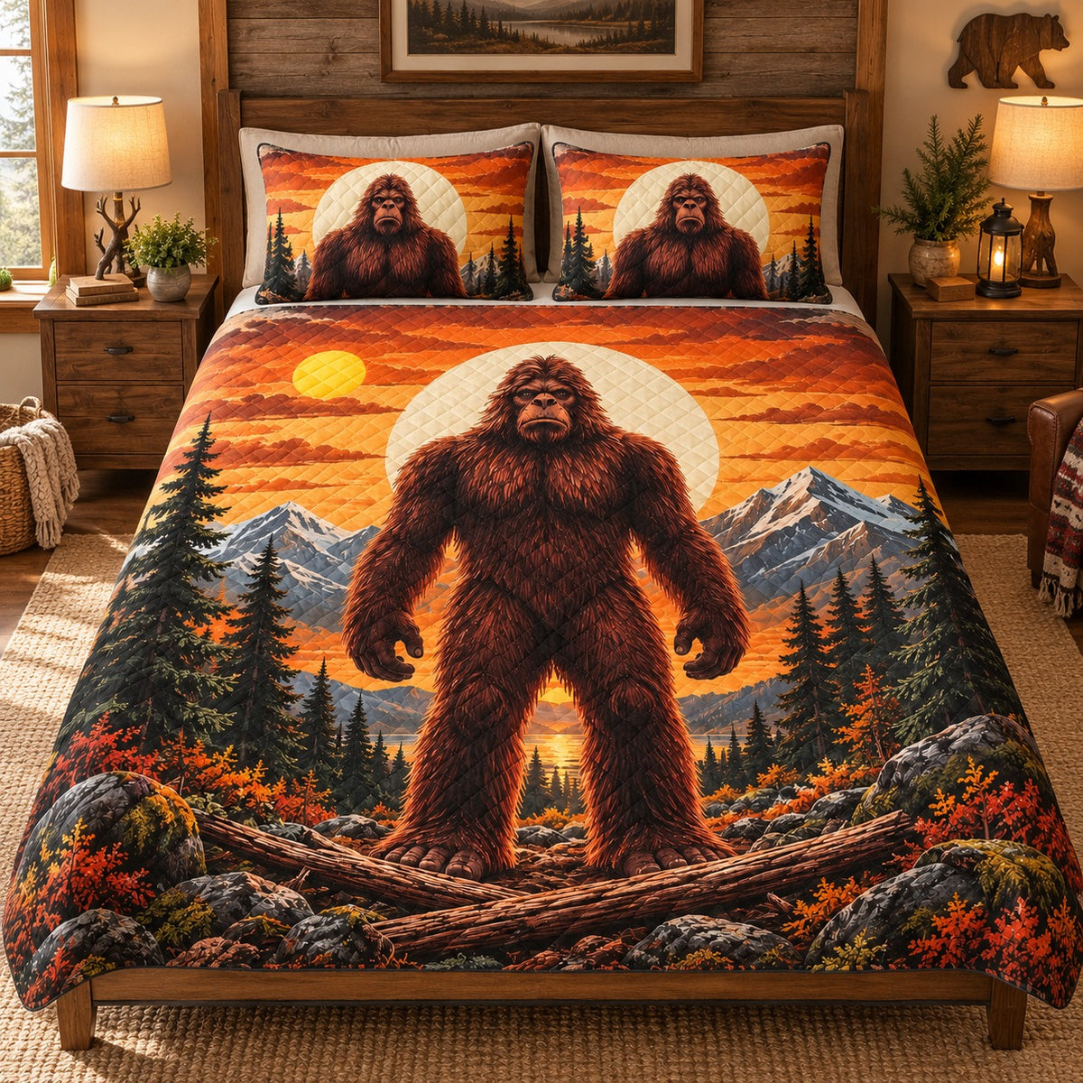 Alternate front view of autumn Bigfoot mountain quilt set with matching shams