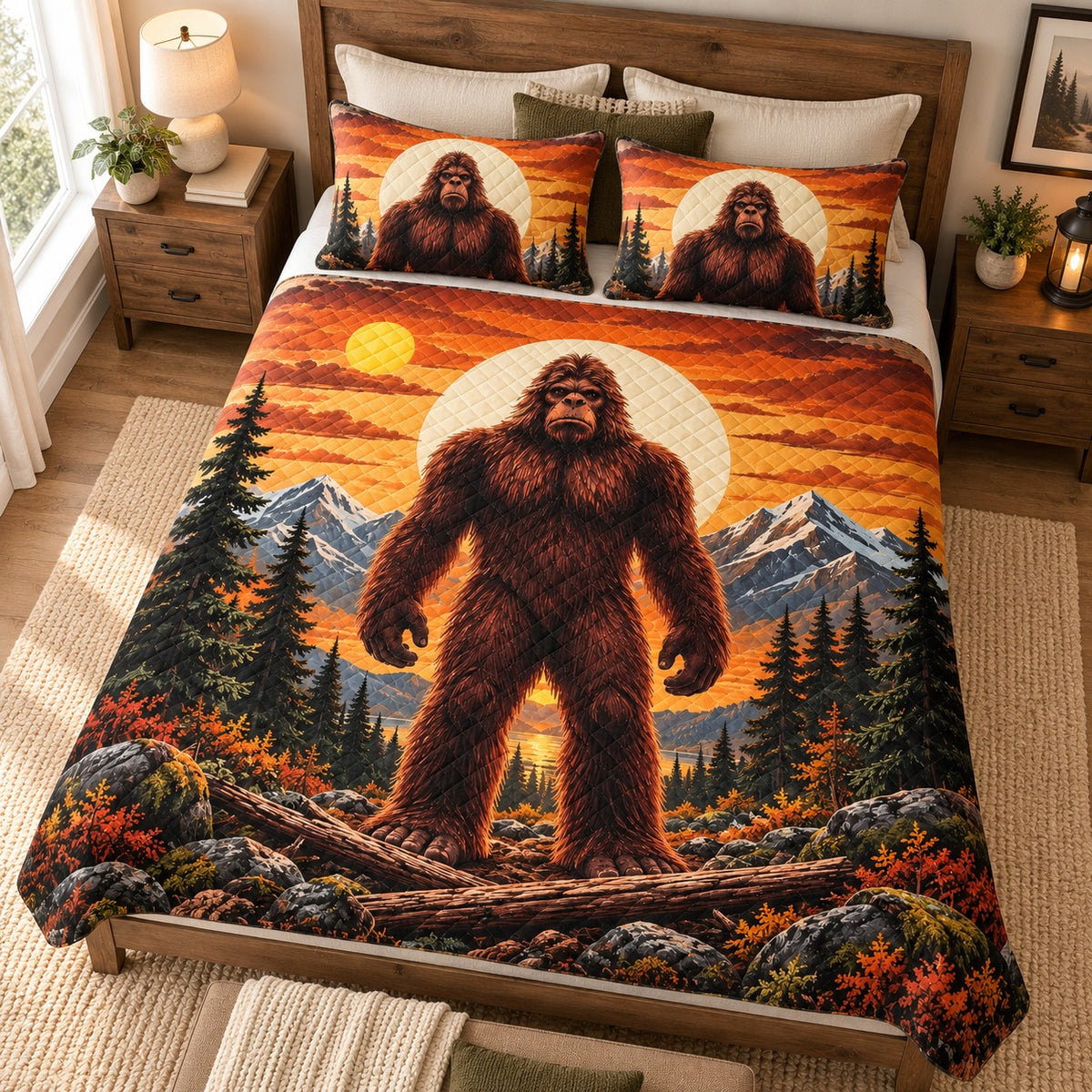 Angled view of autumn Bigfoot mountain quilt set showing rocky forest design