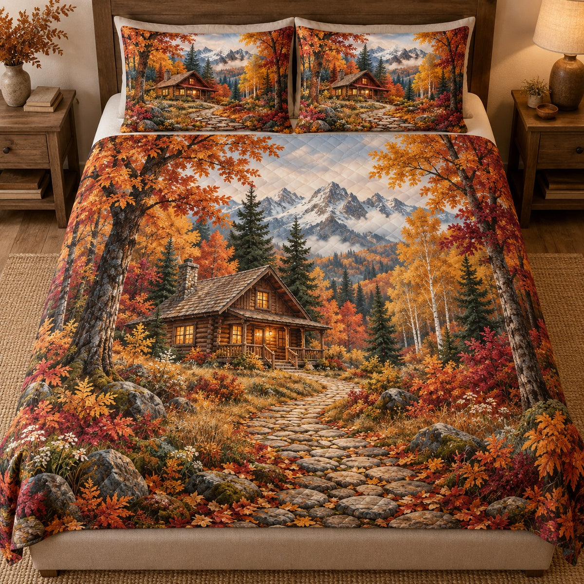 Front view of autumn cabin path quilt set with colorful maple forest and diamond stitching