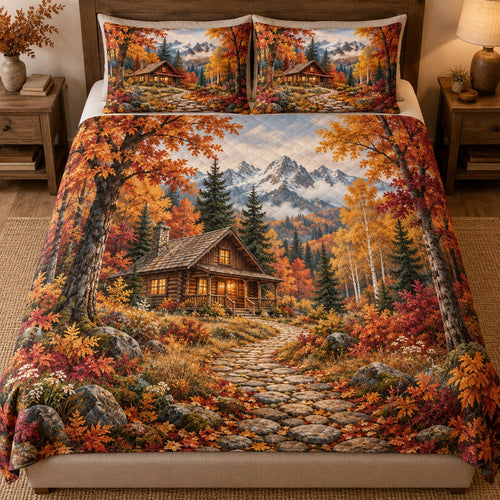 Front view of autumn cabin path quilt set with colorful maple forest and diamond stitching