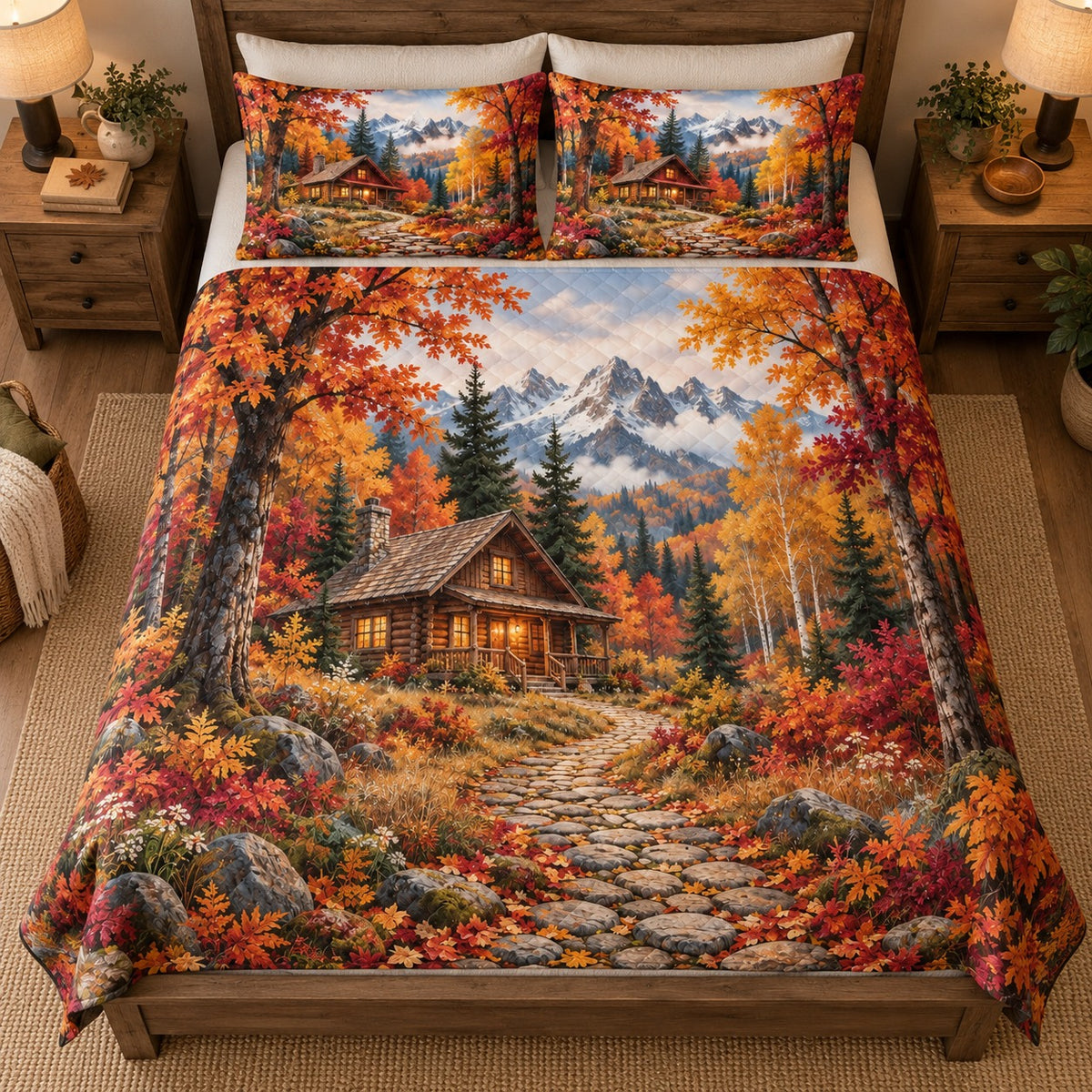 Alternate view of autumn cabin path quilt set with mountain and stone path artwork