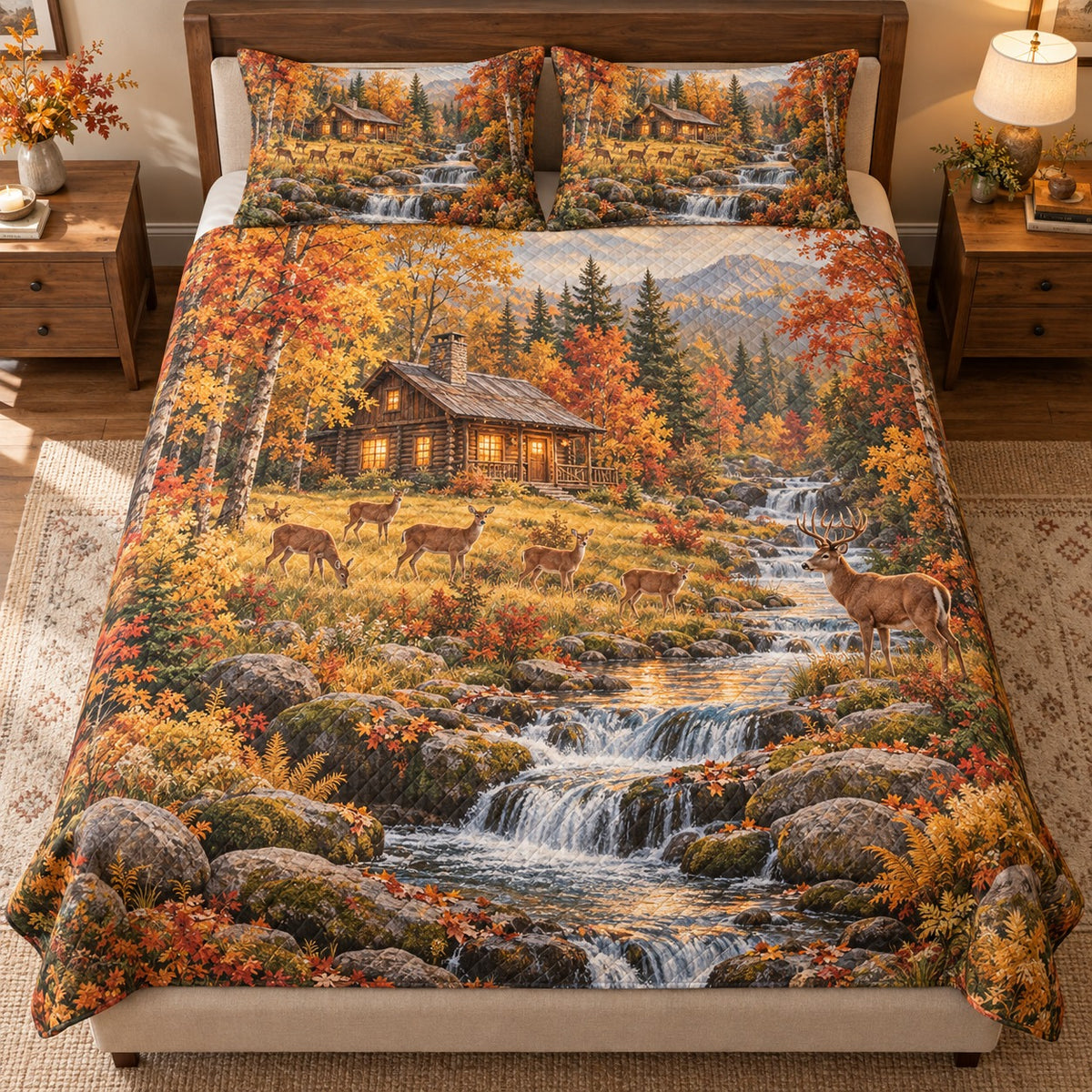 Front view of autumn deer cabin quilt set with woodland stream and diamond stitching