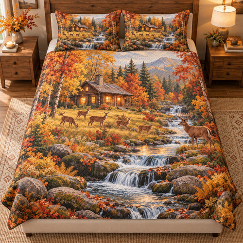 Alternate front view of autumn deer cabin quilt set showing matching shams and deer artwork