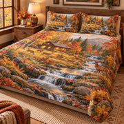 Angled view of autumn deer cabin quilt set with woodland stream and side drape