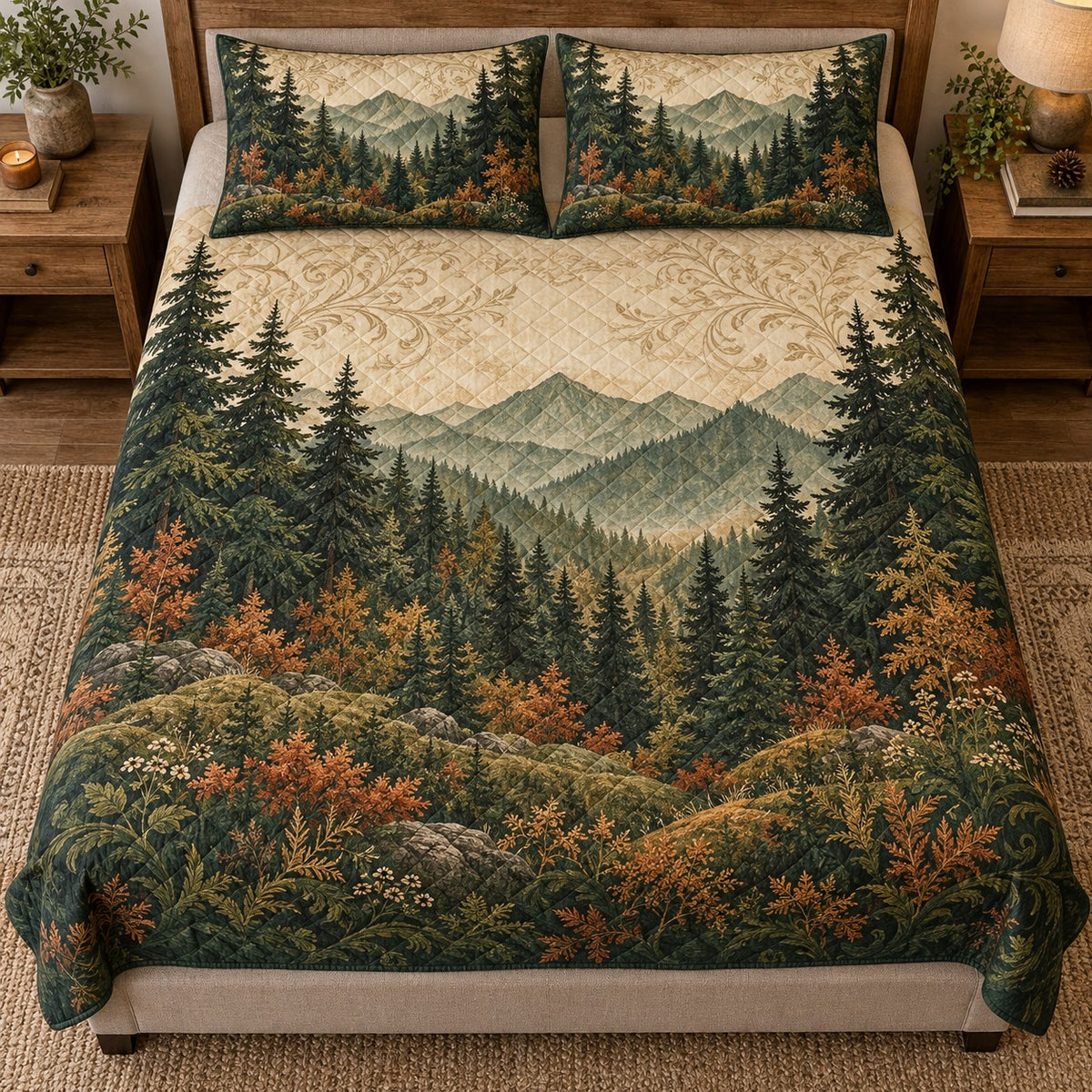 Autumn pine mountain quilt set – front bedroom view