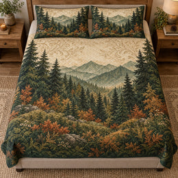 Autumn Pine Mountain Quilt Set – Rustic Forest Bedding Gift for Nature Lovers