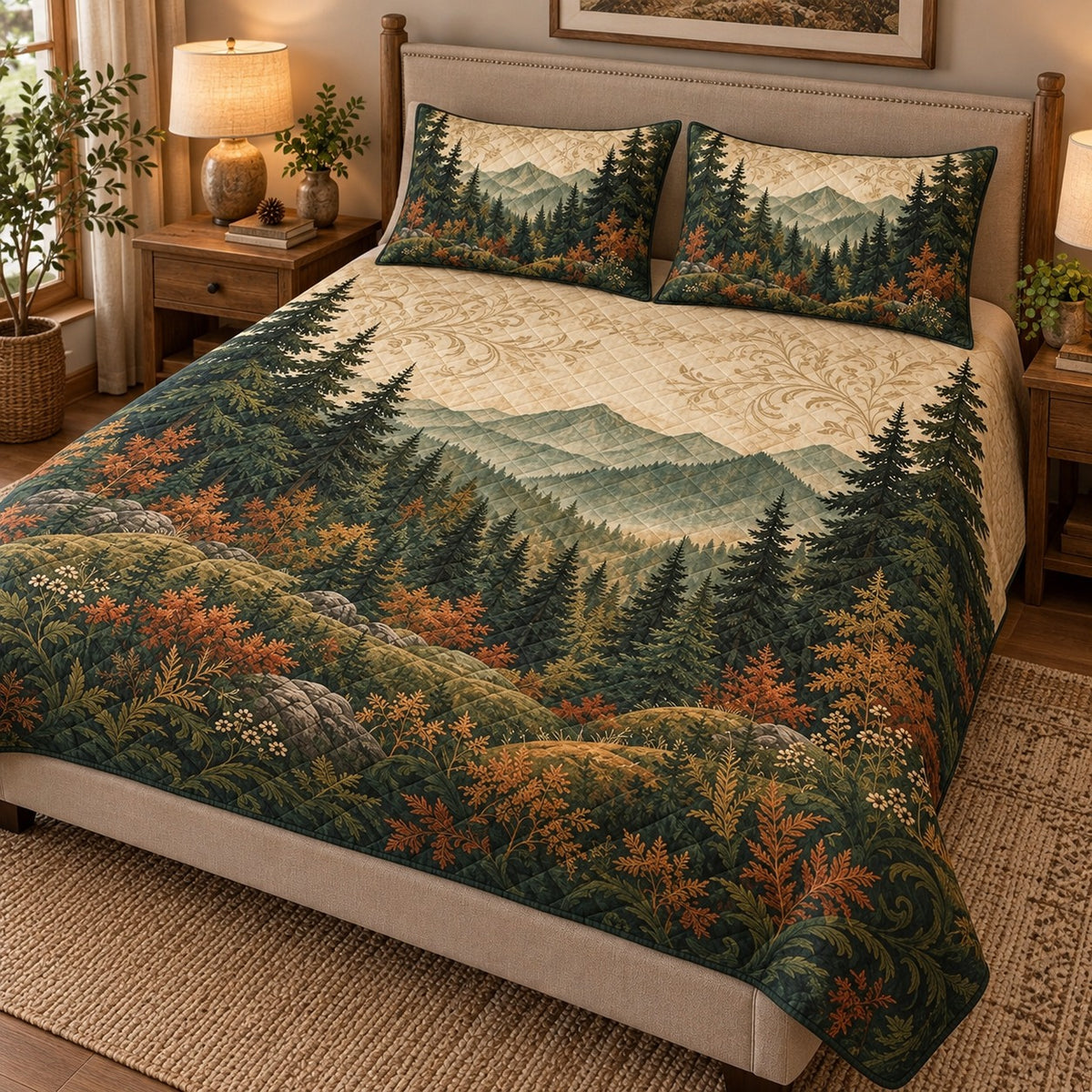 Autumn pine mountain quilt set – angled bedroom view