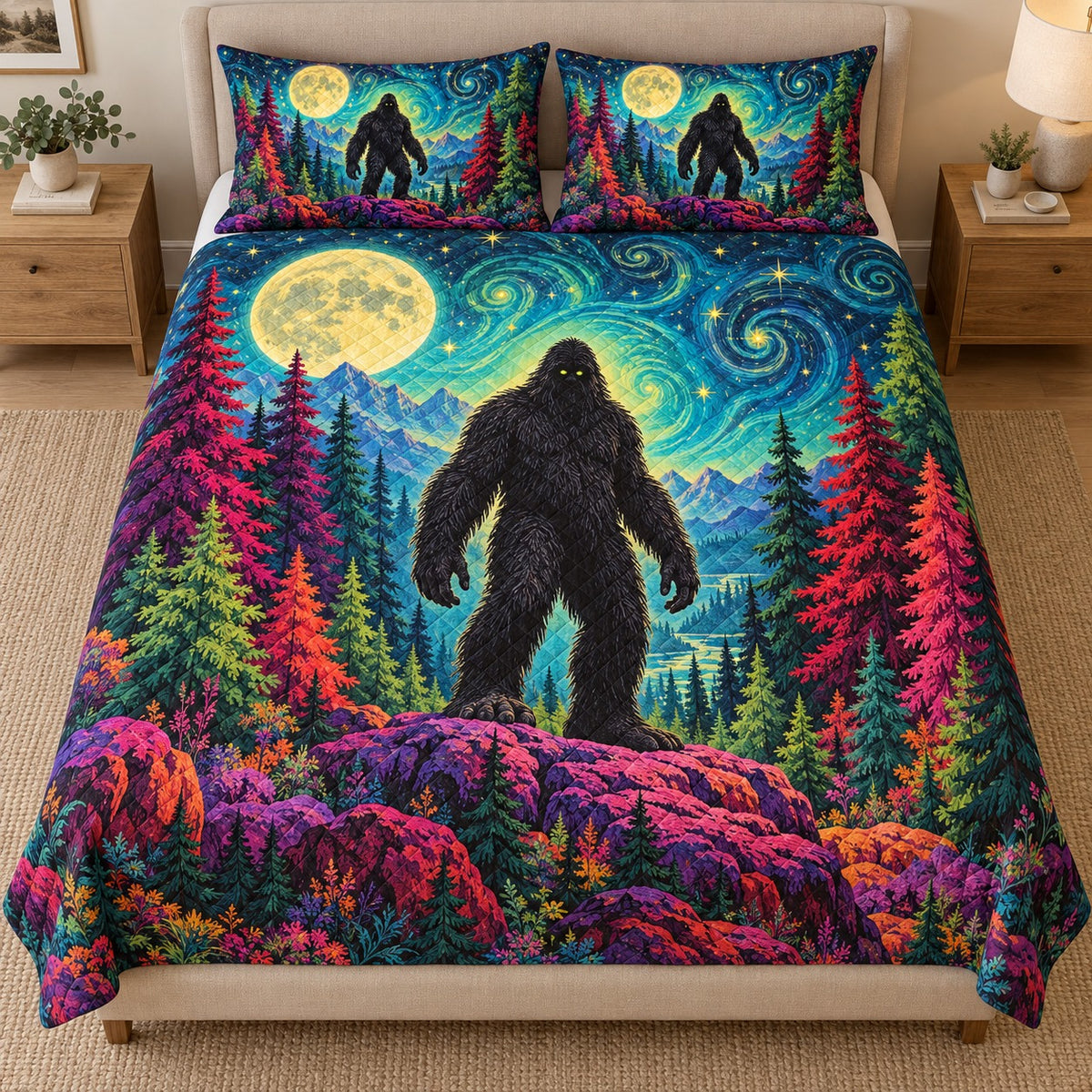 Moonlit Bigfoot forest quilt set – front bedroom view