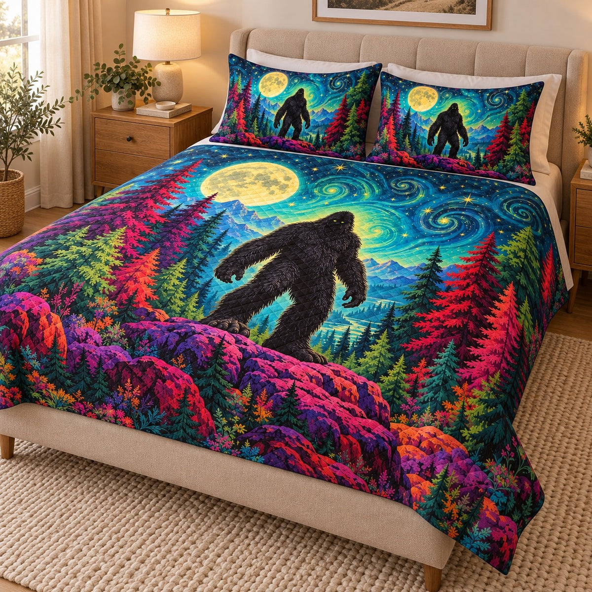 Moonlit Bigfoot forest quilt set – left angle bedroom view