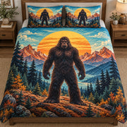 Front view of Bigfoot sunset lake quilt set with mountain forest and diamond stitching