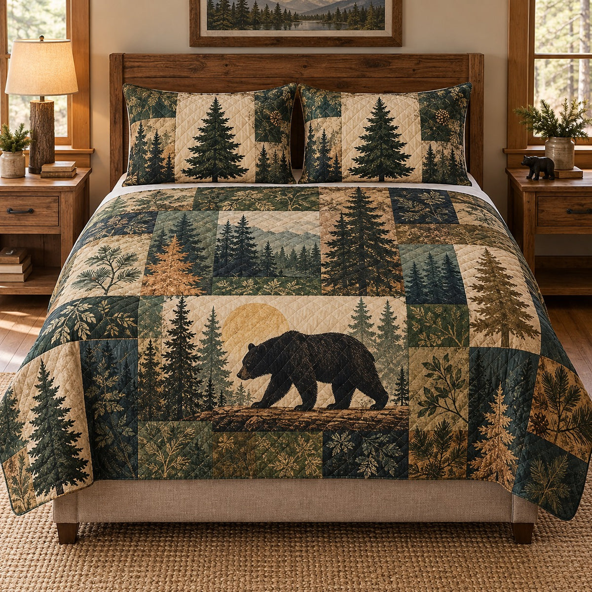 Black bear pine patchwork quilt set front view