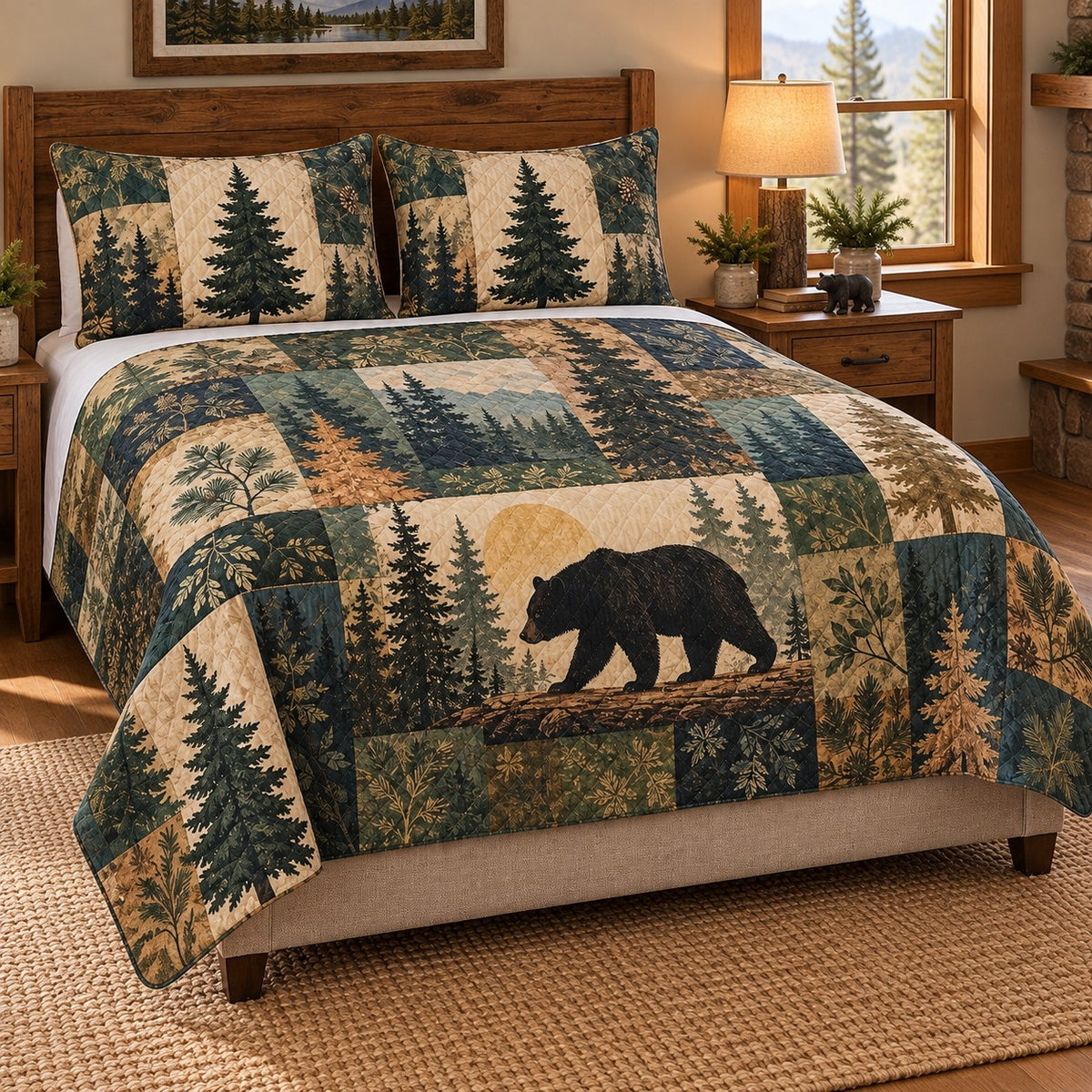 Black bear pine patchwork quilt set left angle