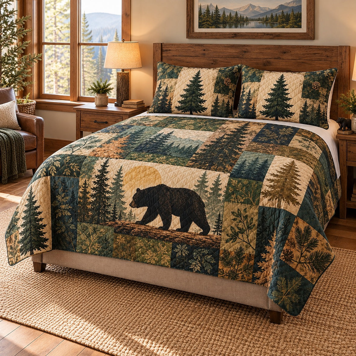 Black bear pine patchwork quilt set right angle