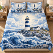 Blue Lighthouse Coast Quilt Set – Ocean Bedding Gift for Lighthouse Lovers — front hero view