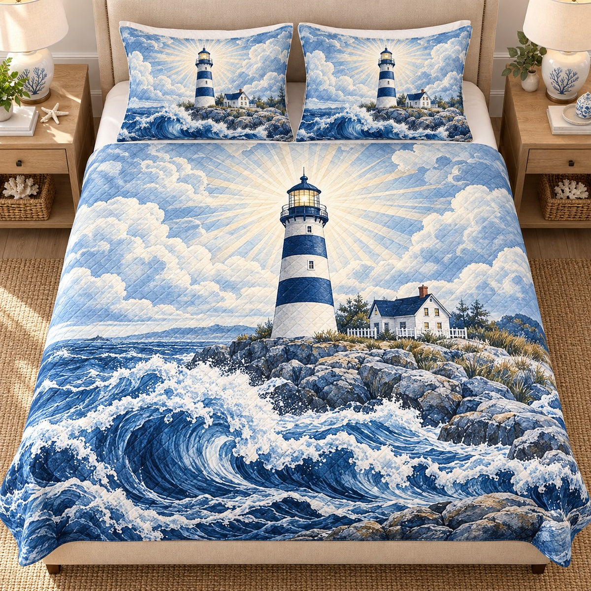 Blue Lighthouse Coast Quilt Set – Ocean Bedding Gift for Lighthouse Lovers — front hero view