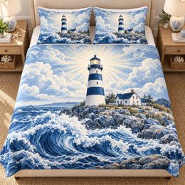 Blue Lighthouse Coast Quilt Set – Ocean Bedding Gift for Lighthouse Lovers