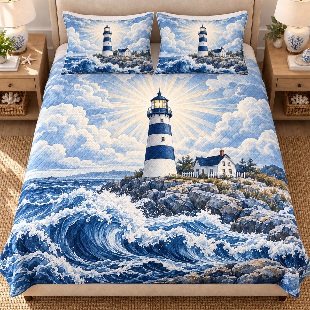 Blue Lighthouse Coast Quilt Set – Ocean Bedding Gift for Lighthouse Lovers — second angle view