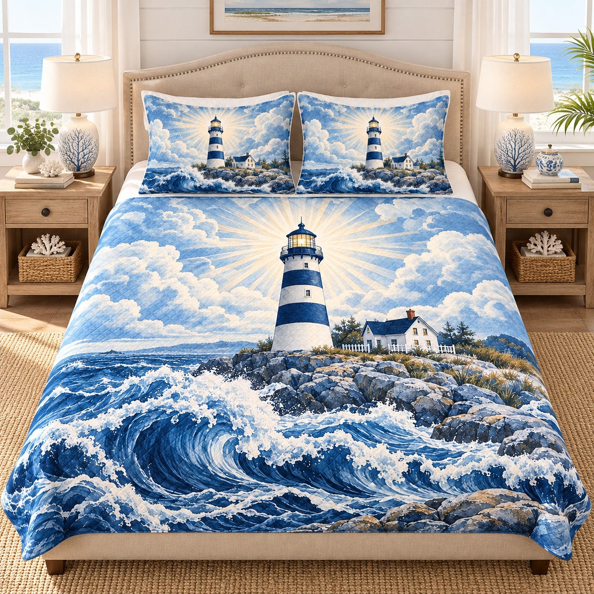 Blue Lighthouse Coast Quilt Set – Ocean Bedding Gift for Lighthouse Lovers — third angle view