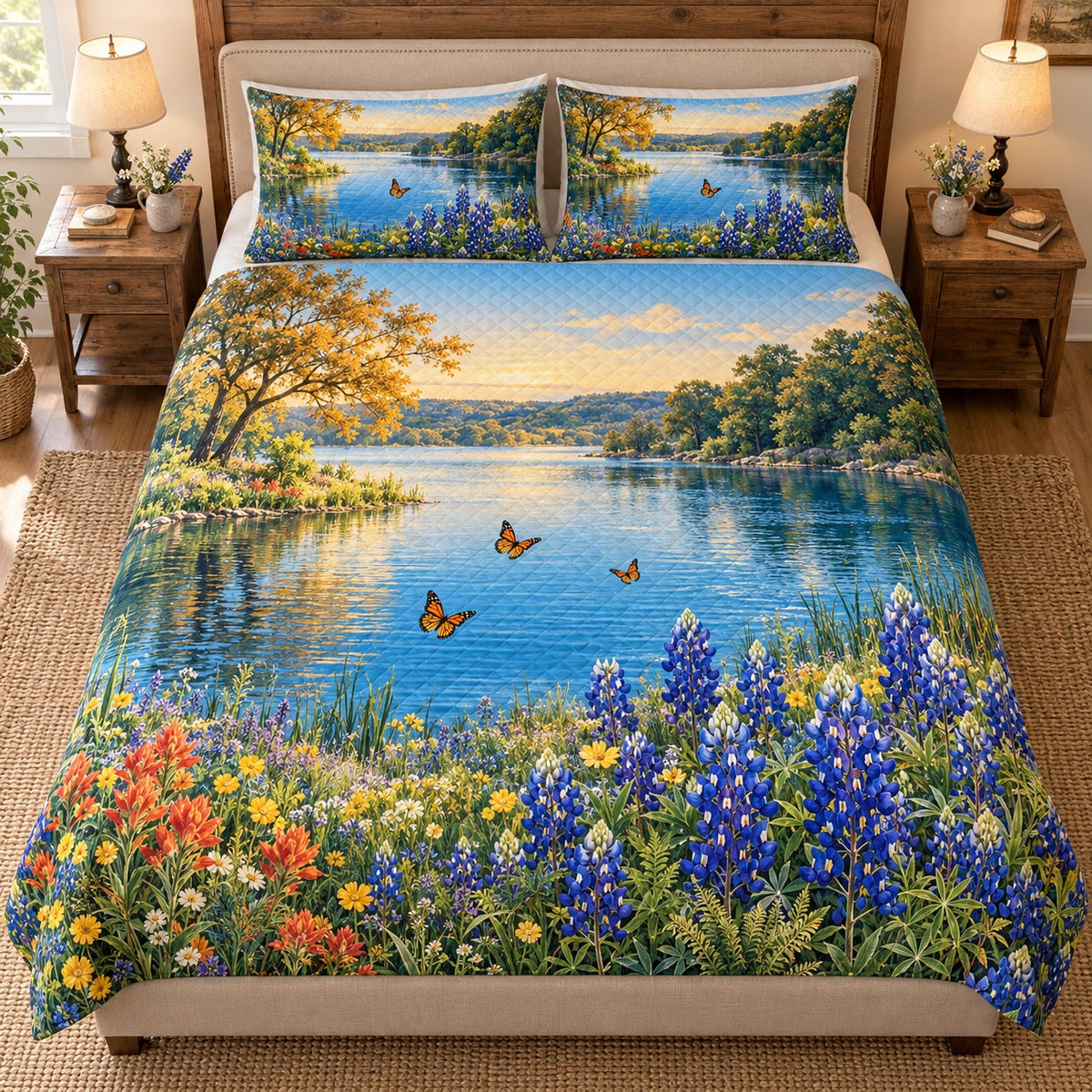 Front view of Bluebonnet Lakeside Quilt Set – Floral Bedroom Gift for Nature Lovers with diamond stitching