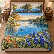 Front view of Bluebonnet Lakeside Quilt Set – Floral Bedroom Gift for Nature Lovers with diamond stitching