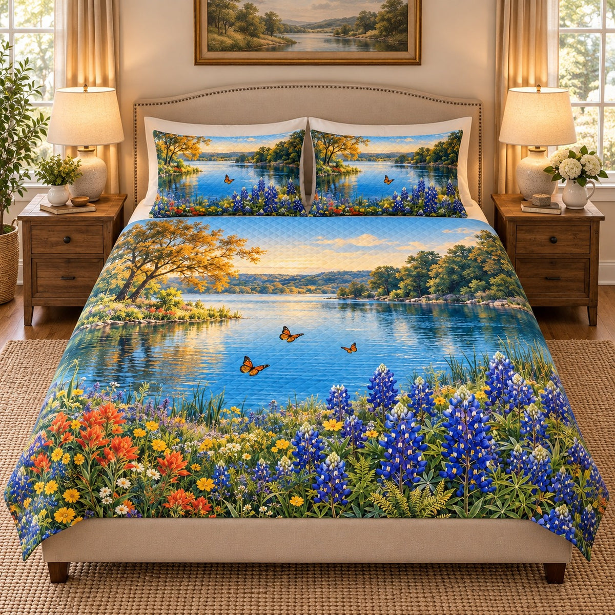 Angled view of Bluebonnet Lakeside Quilt Set – Floral Bedroom Gift for Nature Lovers with diamond stitching