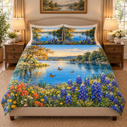 Angled view of Bluebonnet Lakeside Quilt Set – Floral Bedroom Gift for Nature Lovers with diamond stitching