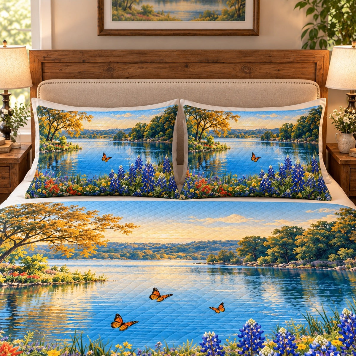 Alternate view of Bluebonnet Lakeside Quilt Set – Floral Bedroom Gift for Nature Lovers with diamond stitching