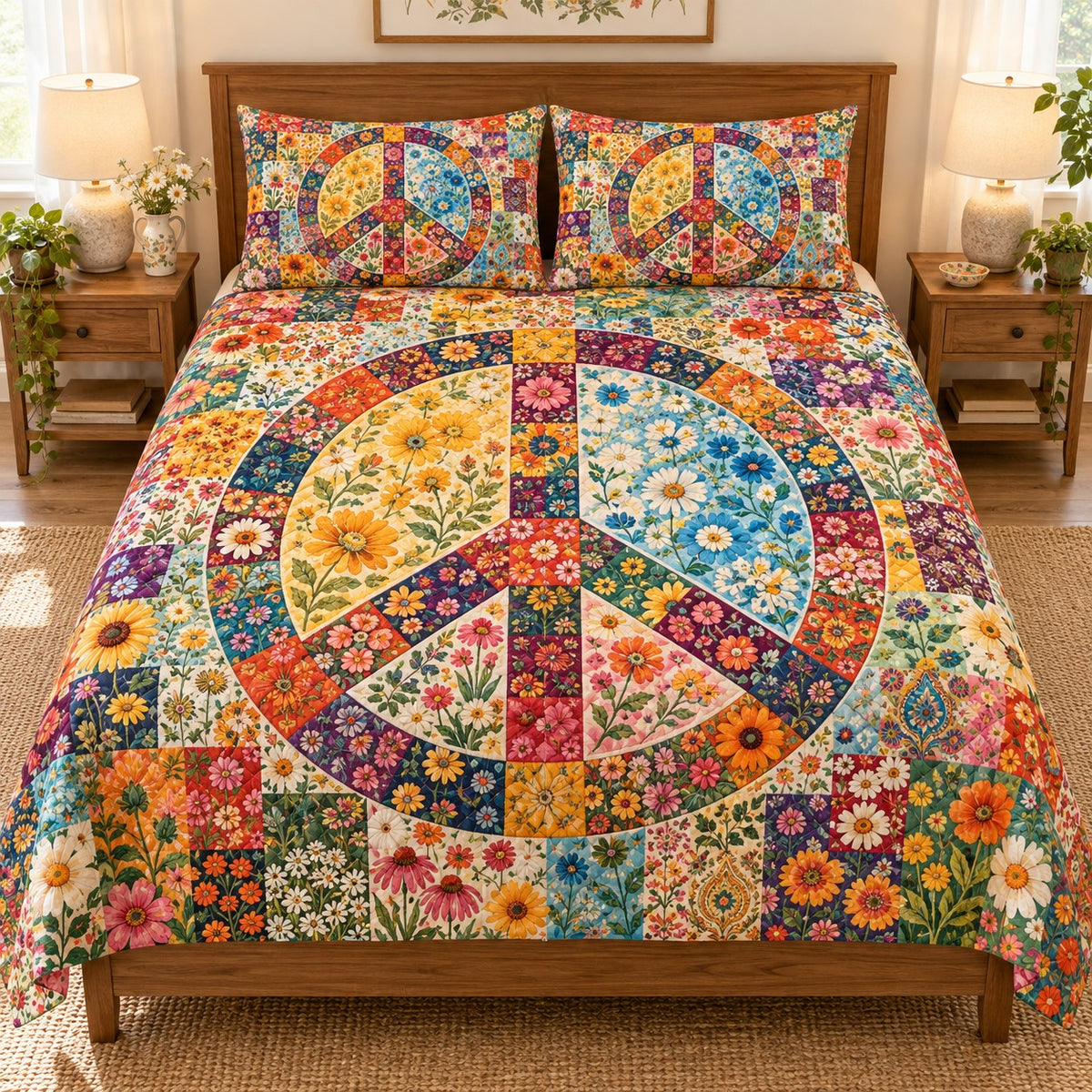 Boho floral patchwork quilt set – front view