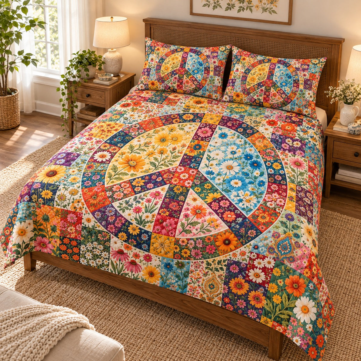 Boho floral patchwork quilt set – left angle