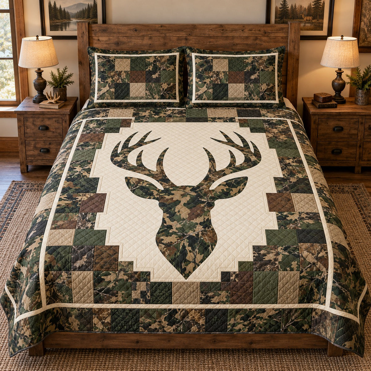 Camouflage deer head quilt set – front view