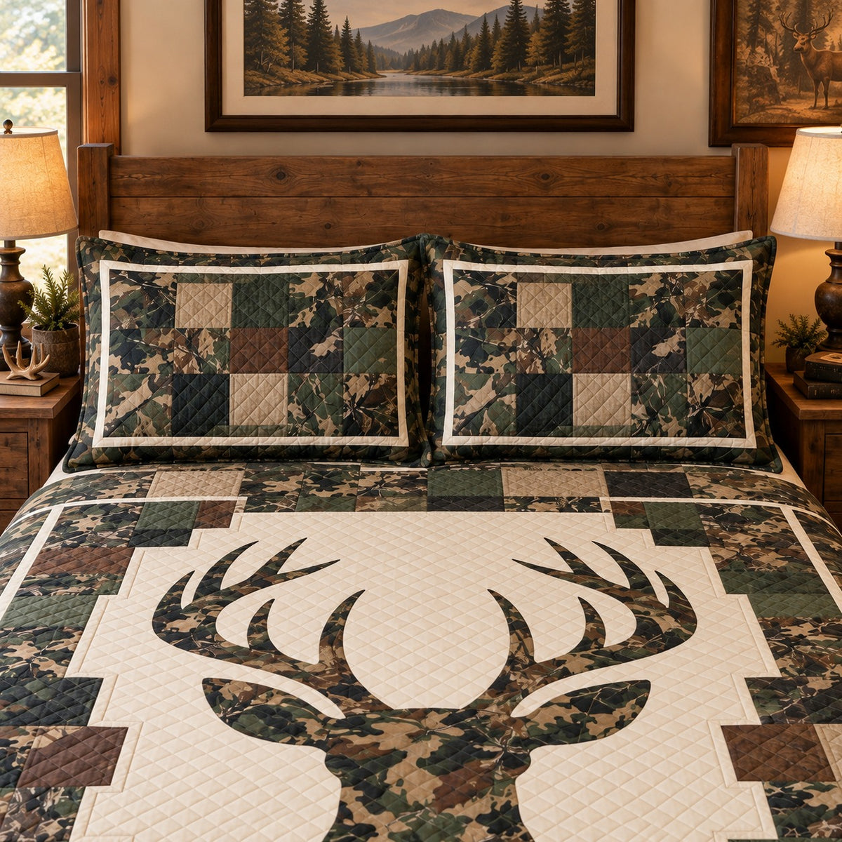 Camouflage deer head quilt set – right angle