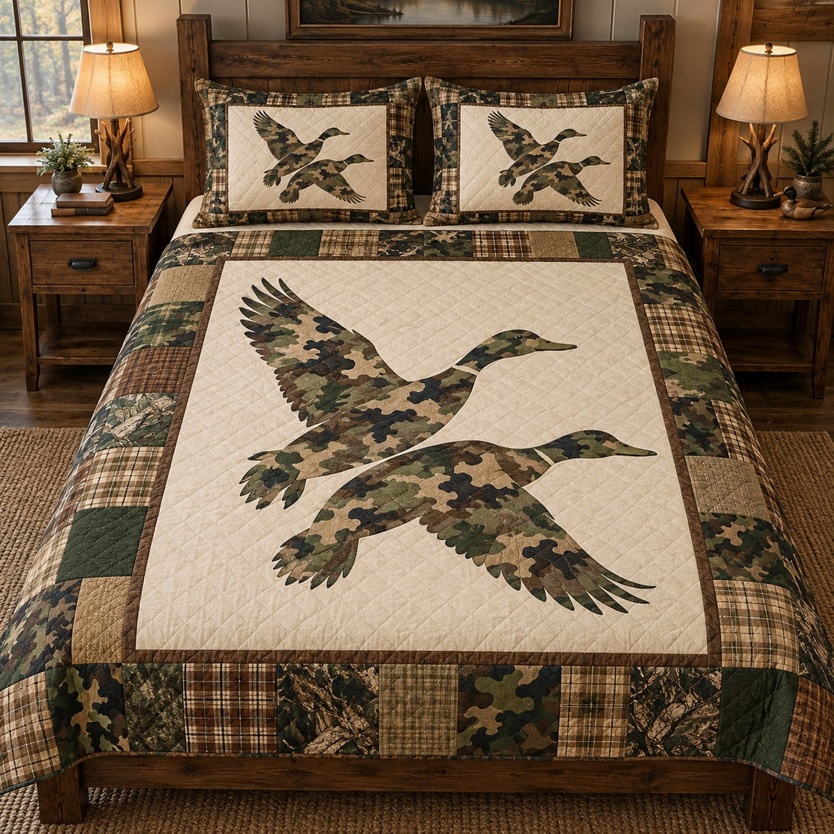 Camouflage flying duck quilt set – front view