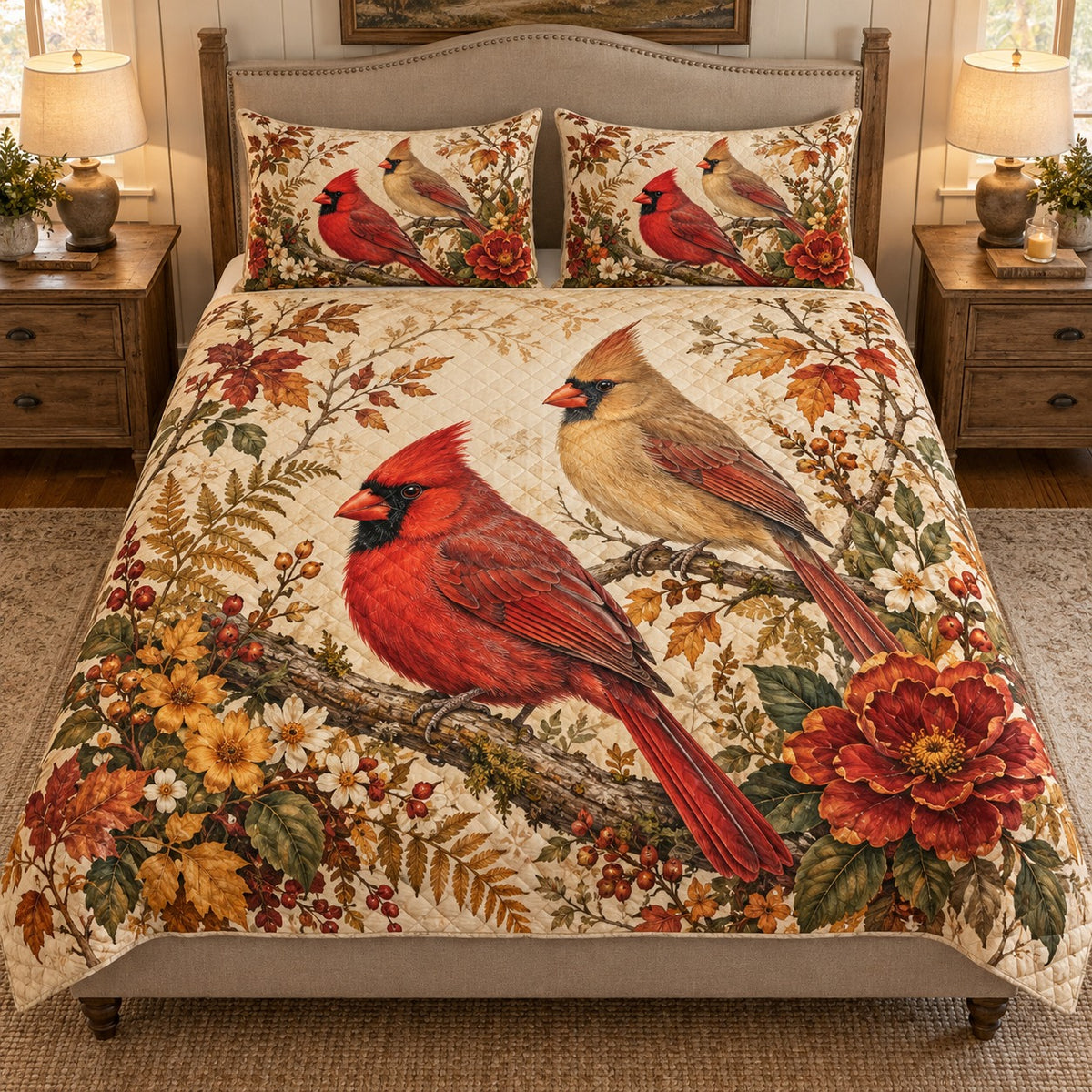 Cardinal autumn floral quilt set – front view