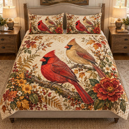 Cardinal Autumn Floral Quilt Set – Cozy Bird Lover Bedding Gift