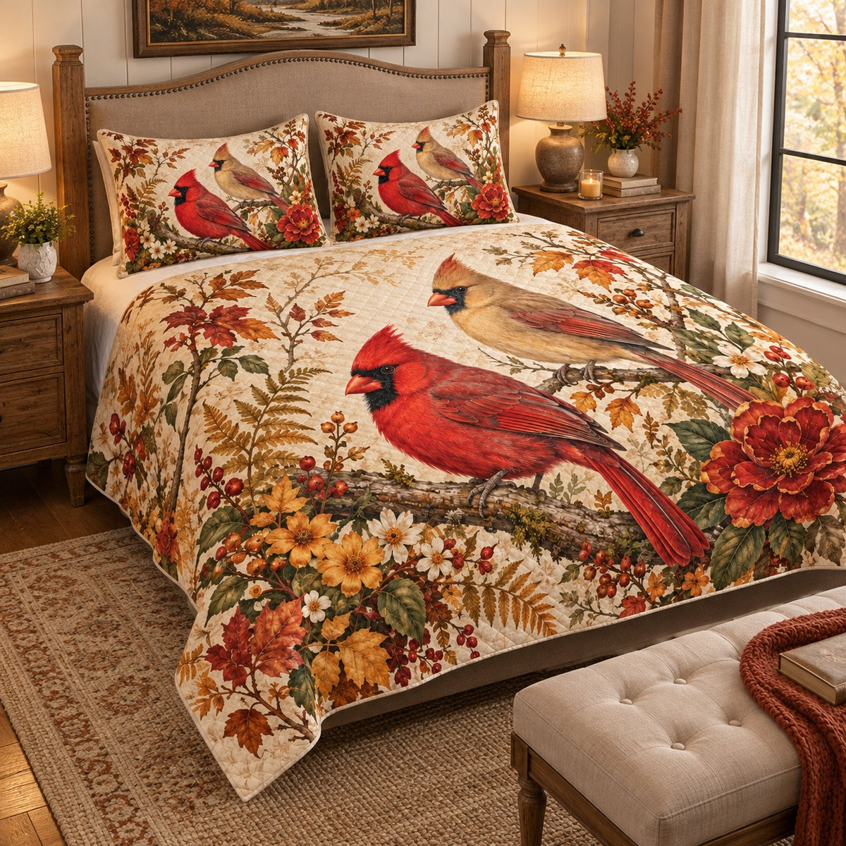 Cardinal autumn floral quilt set – left angle