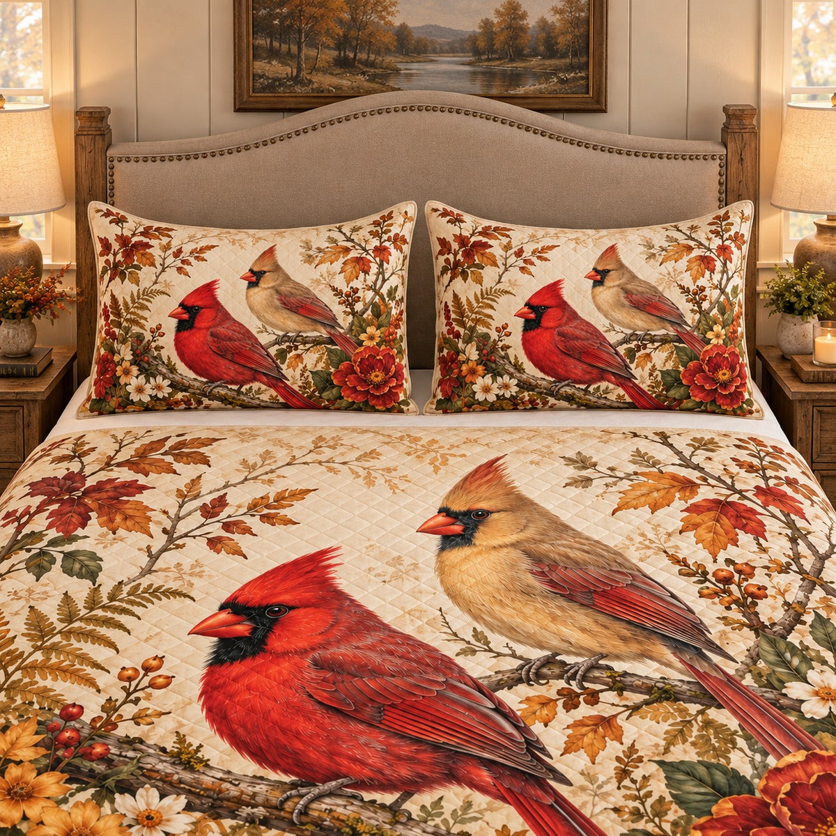 Cardinal autumn floral quilt set – right angle