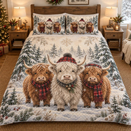 Christmas Highland Cow Family Quilt Set – Cozy Holiday Bedding Gift